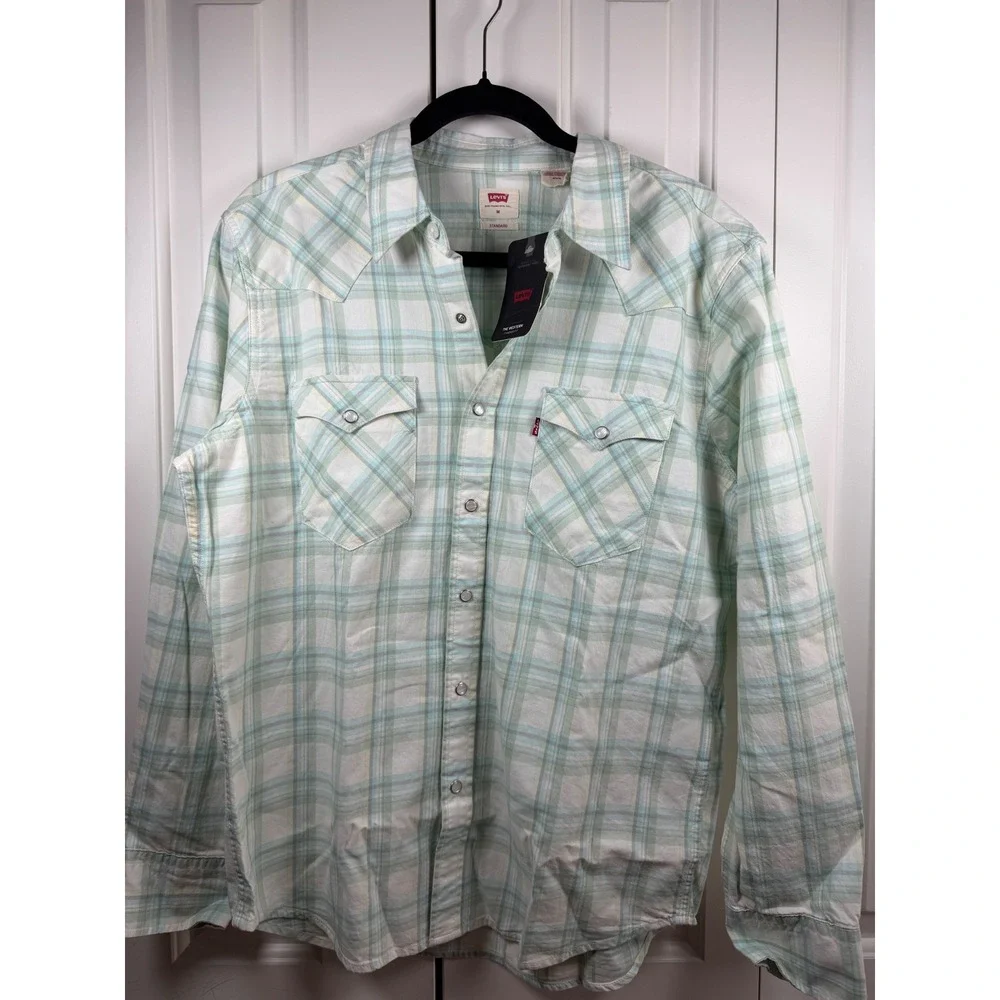 Levis Western Standard Fit Pearl Snap Shirt Mens Medium Green White Plaid NWT